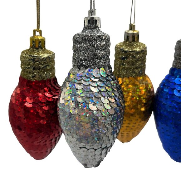Lot of 8 Sequin Christmas Light Bulb Shape Ornament Colorful Shiny Festive Decor - Picture 4 of 10